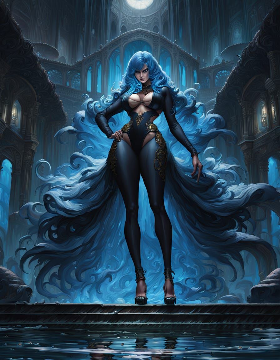 Gothic Anime Woman in Bikini Poses by Pool