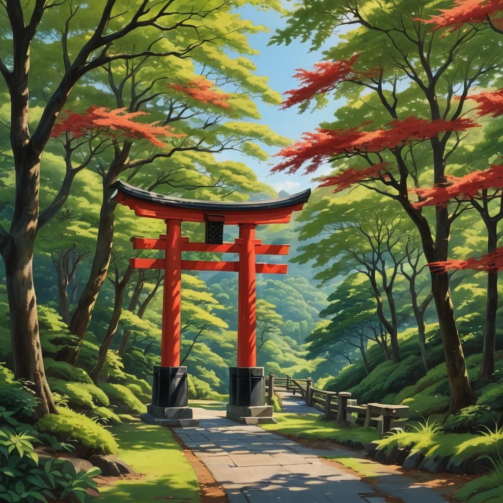 Serene Japanese Landscape with Traditional Torii Gate
