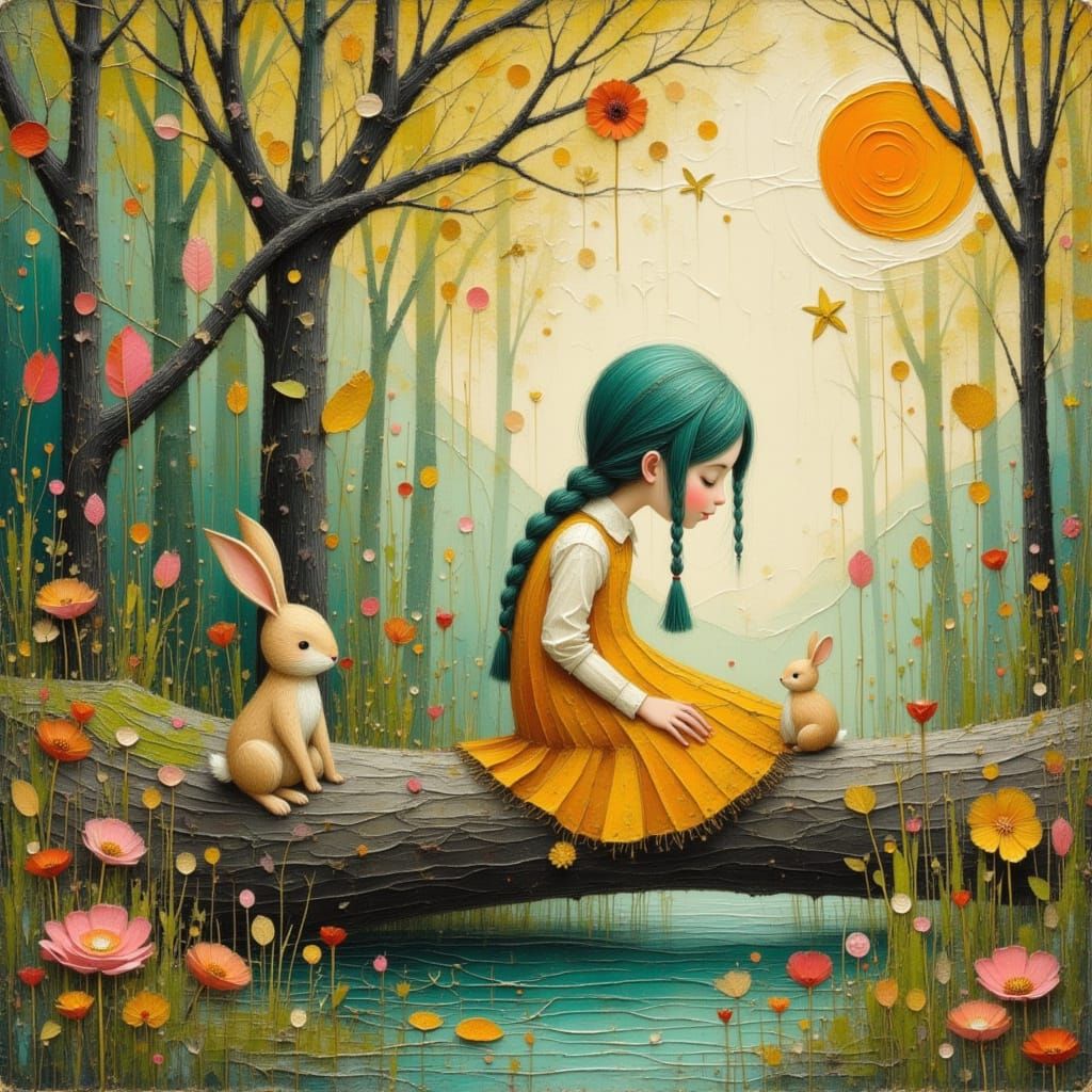 Girl With Braided Teal Hair and Rabbits in Woodland