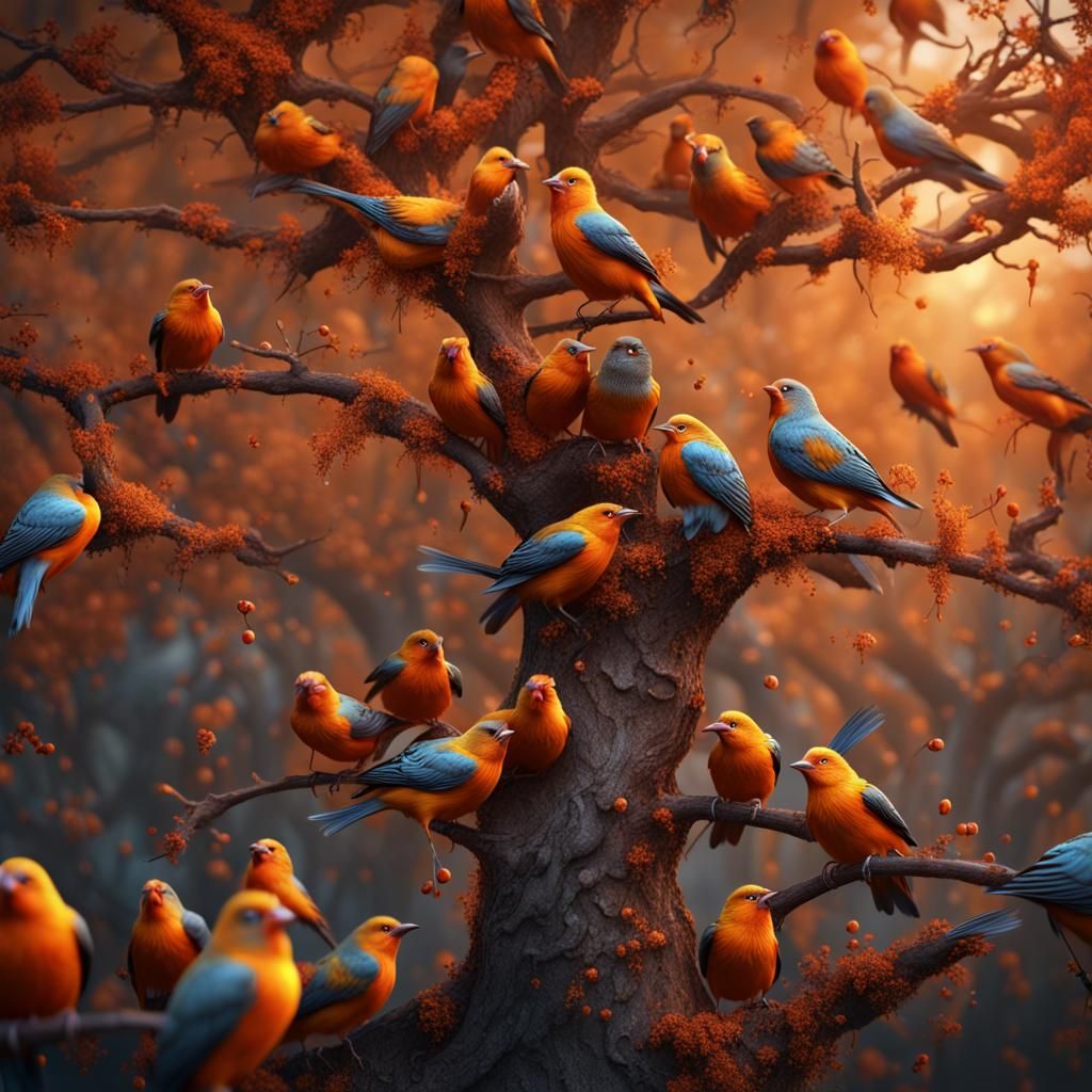 Orange Birds on Tree: Detailed Matte Painting