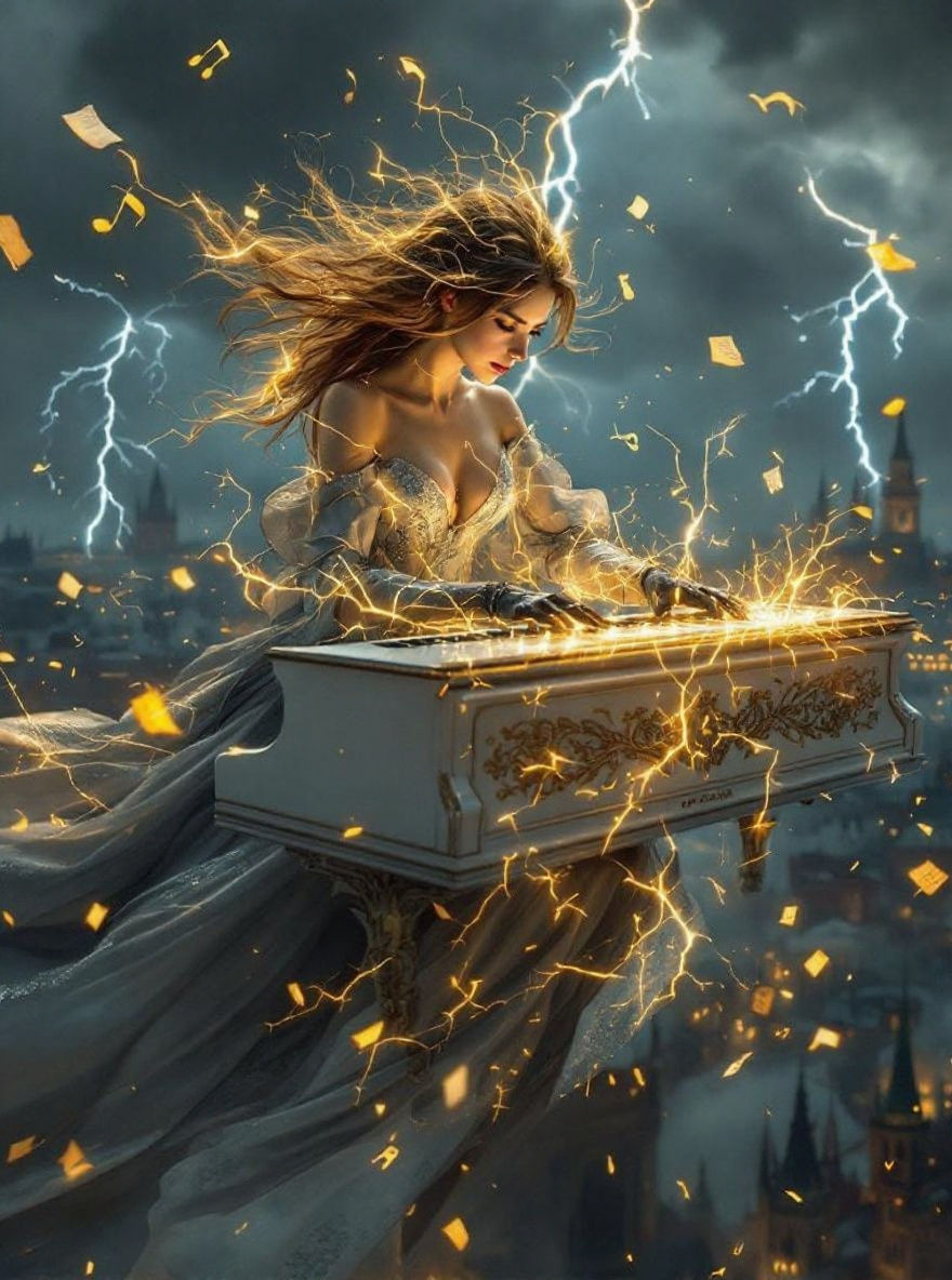 Woman Plays Piano Amidst Prague Storm, Digital Art
