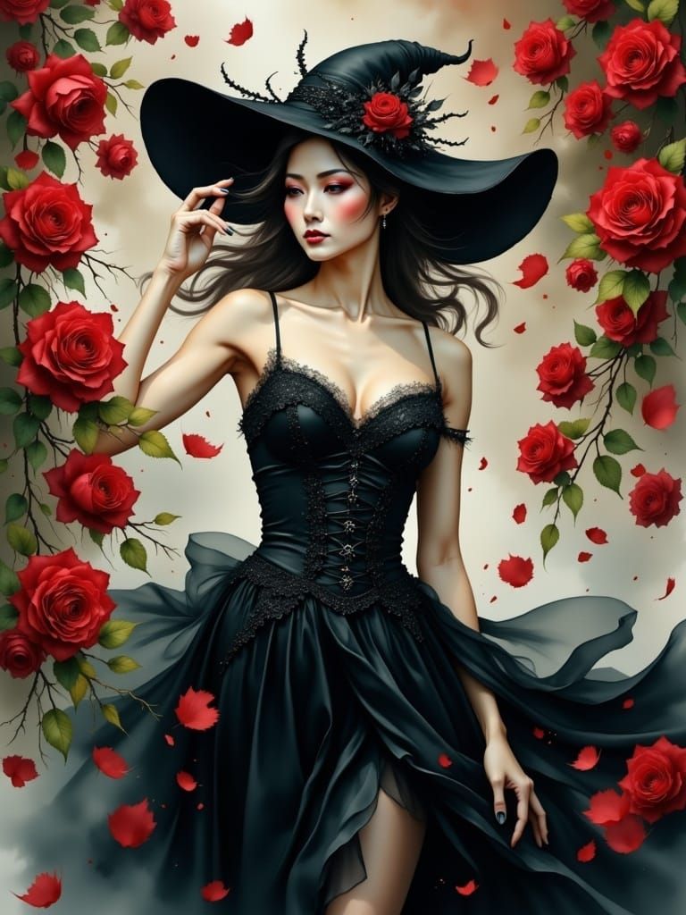 Gothic Woman with Roses in Pastel Water-Ink