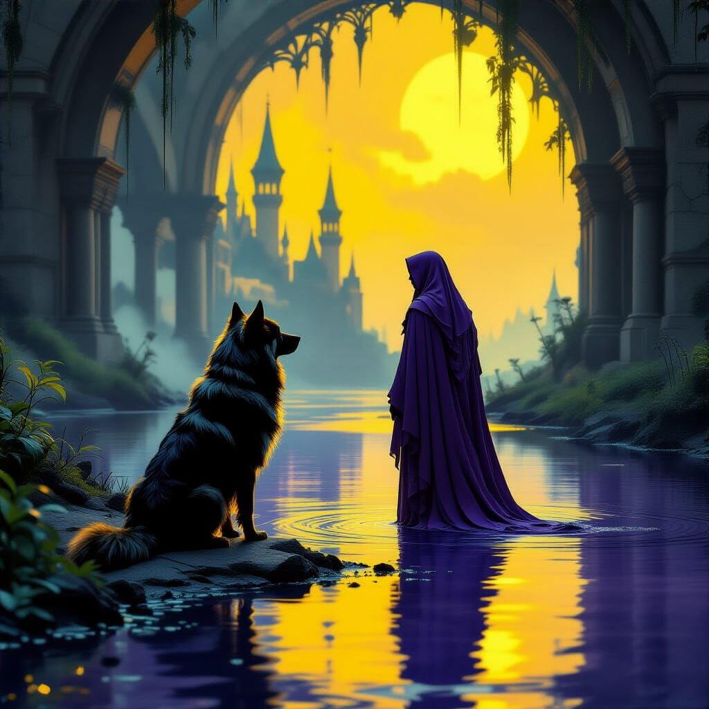 Dog and Duck by Riverbank in Dark Fantasy Style