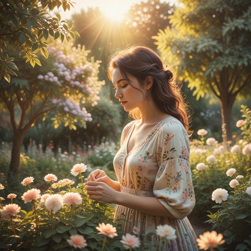 Woman Gardening in Pastel Colors: Whimsical Digital Art