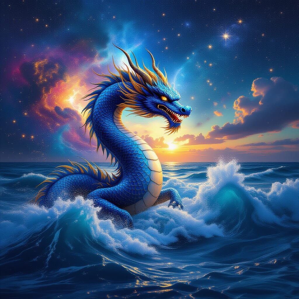 Surreal Water Dragon in Cosmic Waves