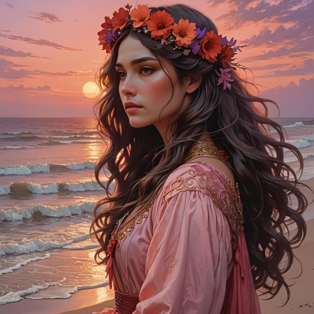 Girl with Flower Crown at Sunset, Digital Art