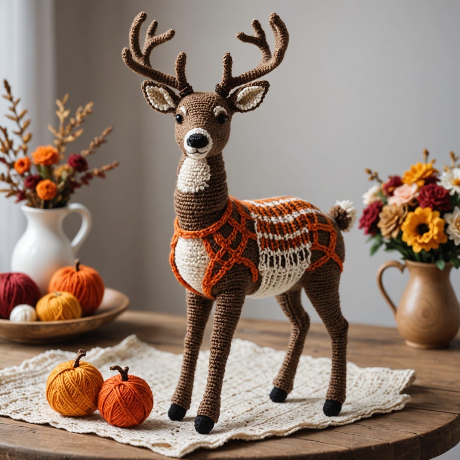 Detailed Crochet Deer Sculpture on Rustic Table