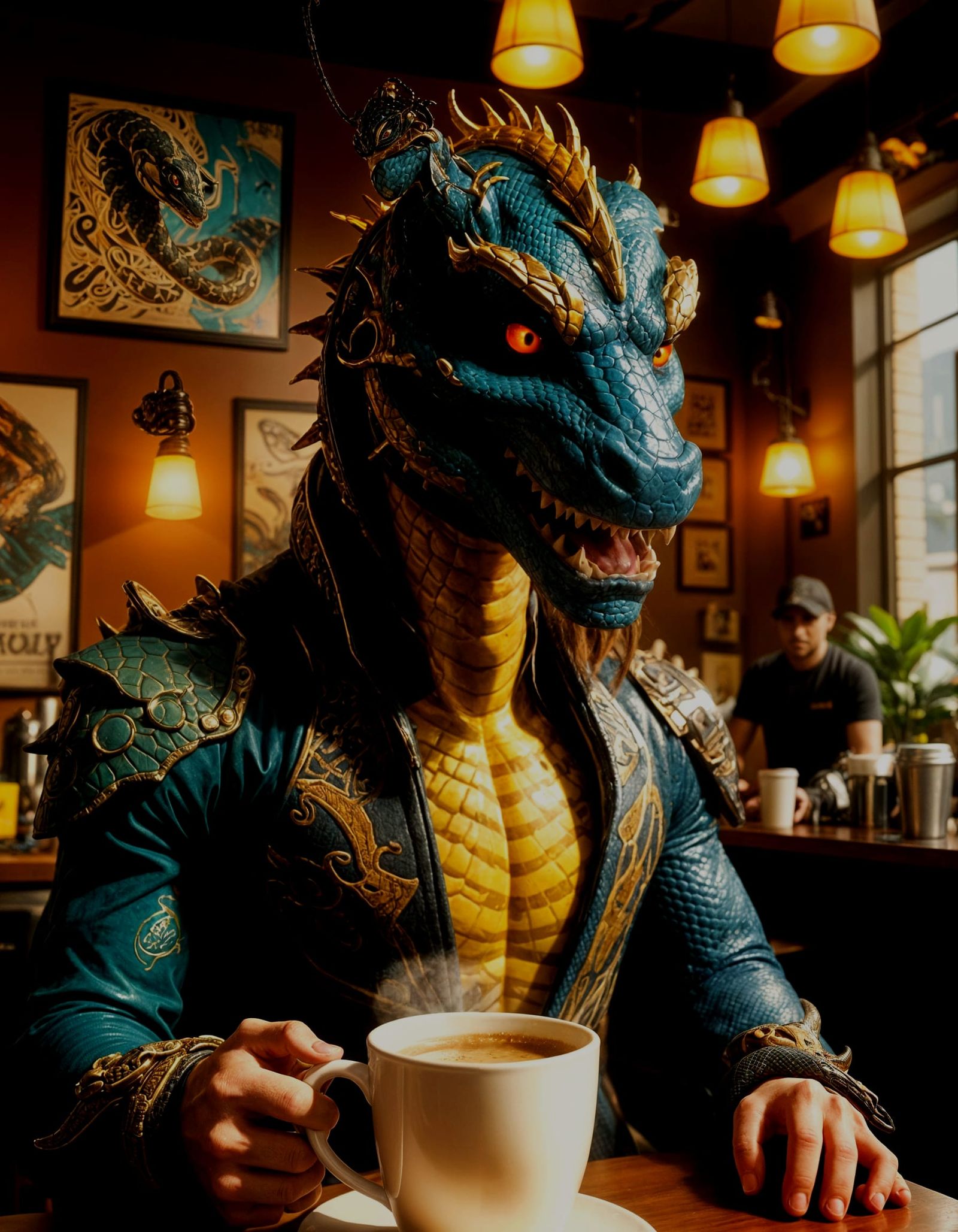 Hyperrealistic Portrait of a Snake-Headed Man in a Coffee Sh...