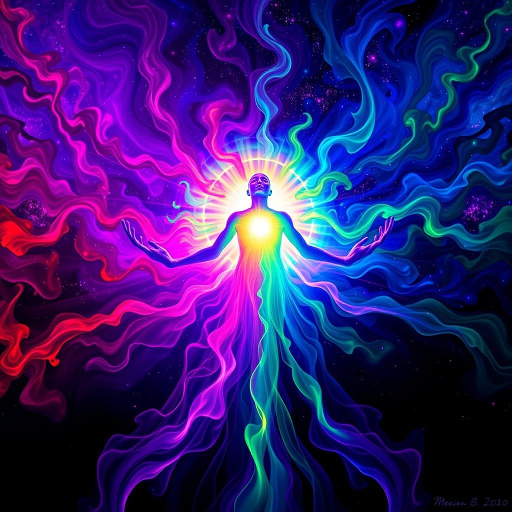 Serene Figure in Cosmic Blacklight Glow