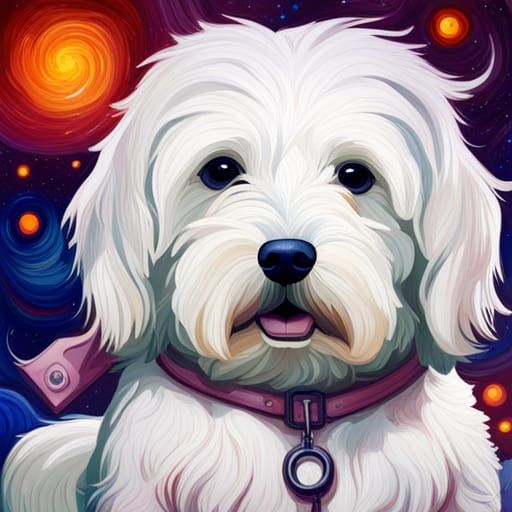 Coton de Tulear Puppy in Starry Impasto Landscape