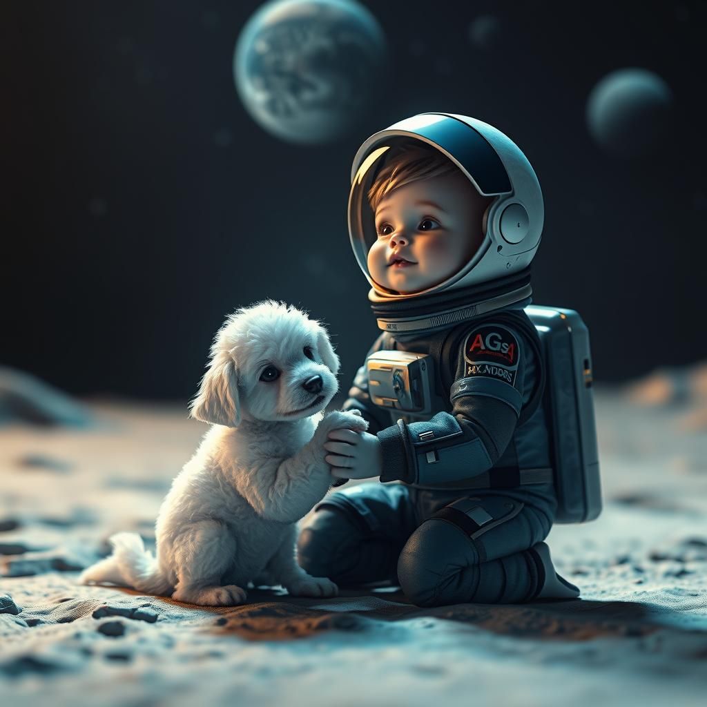 Manatee and Puppy Space Explorers on the Moon