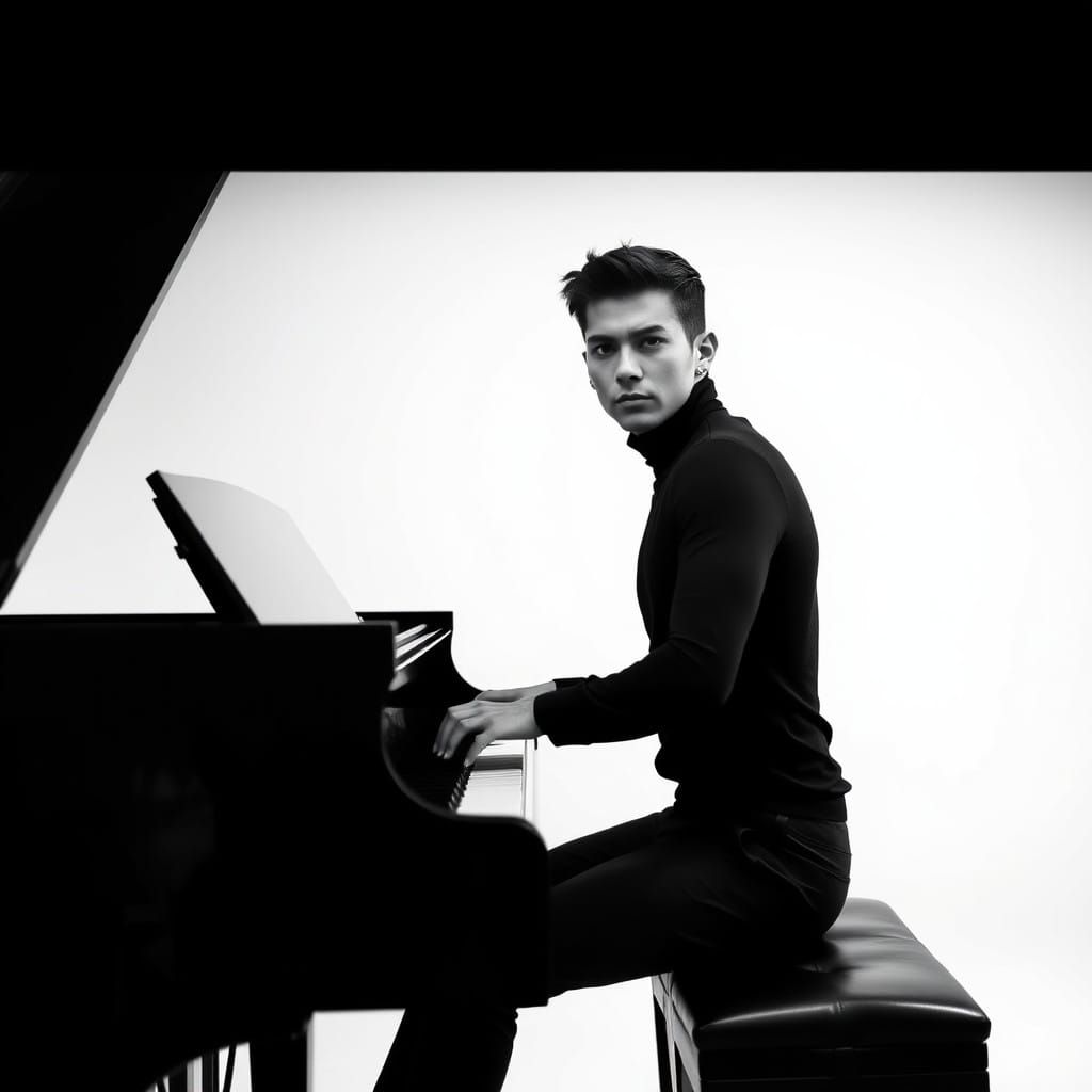 Chiseled Young Man Contemplates Piano with Contemplative Moo...