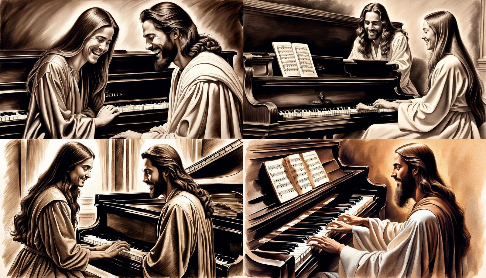 Jesus Teaches Piano in Hyperdetailed Charcoal Drawing