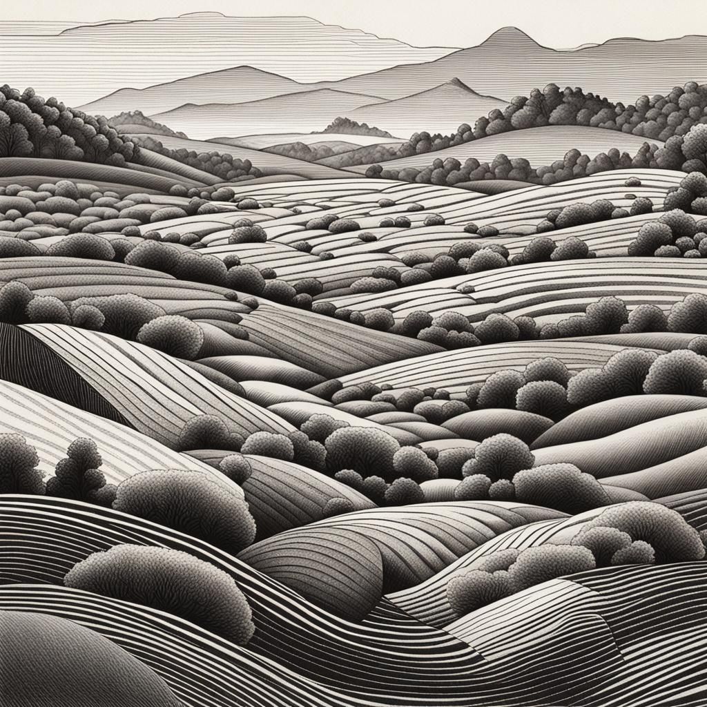 Hatching Landscape with Rolling Hills and Trees