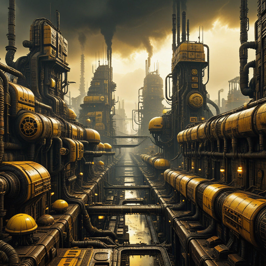 Dystopian Cyberpunk Cityscape in Industrial Decay