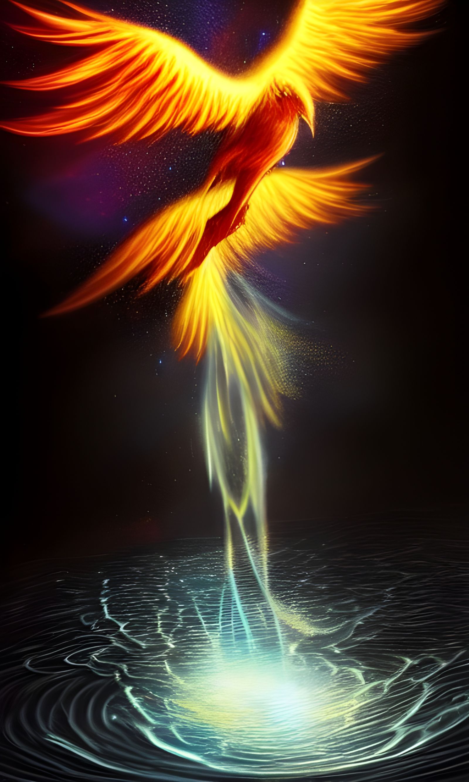 Phoenix Drinking: Magical Expressionist Illustration