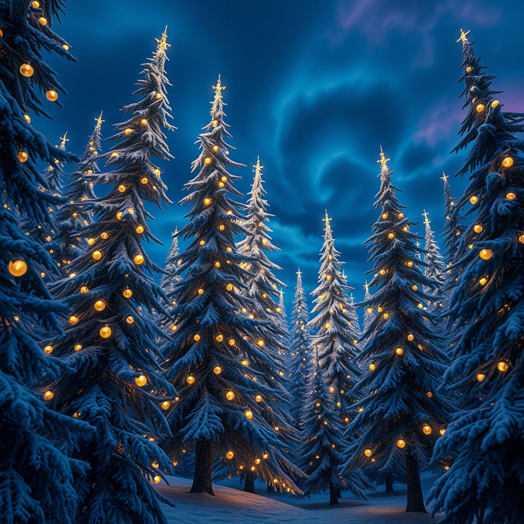 Luminescent Christmas Trees Dance in Mystical Forest