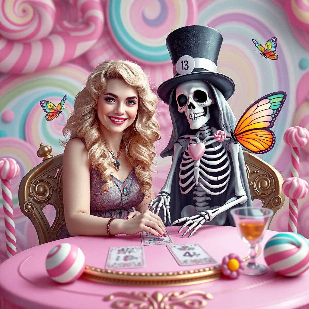 Whimsical Tarot Reader with Candy Grim Reaper, Digital Art
