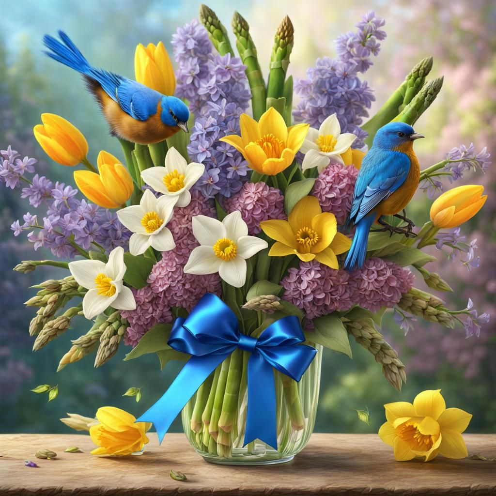 Spring Bouquet with Bluebirds: Matte Painting