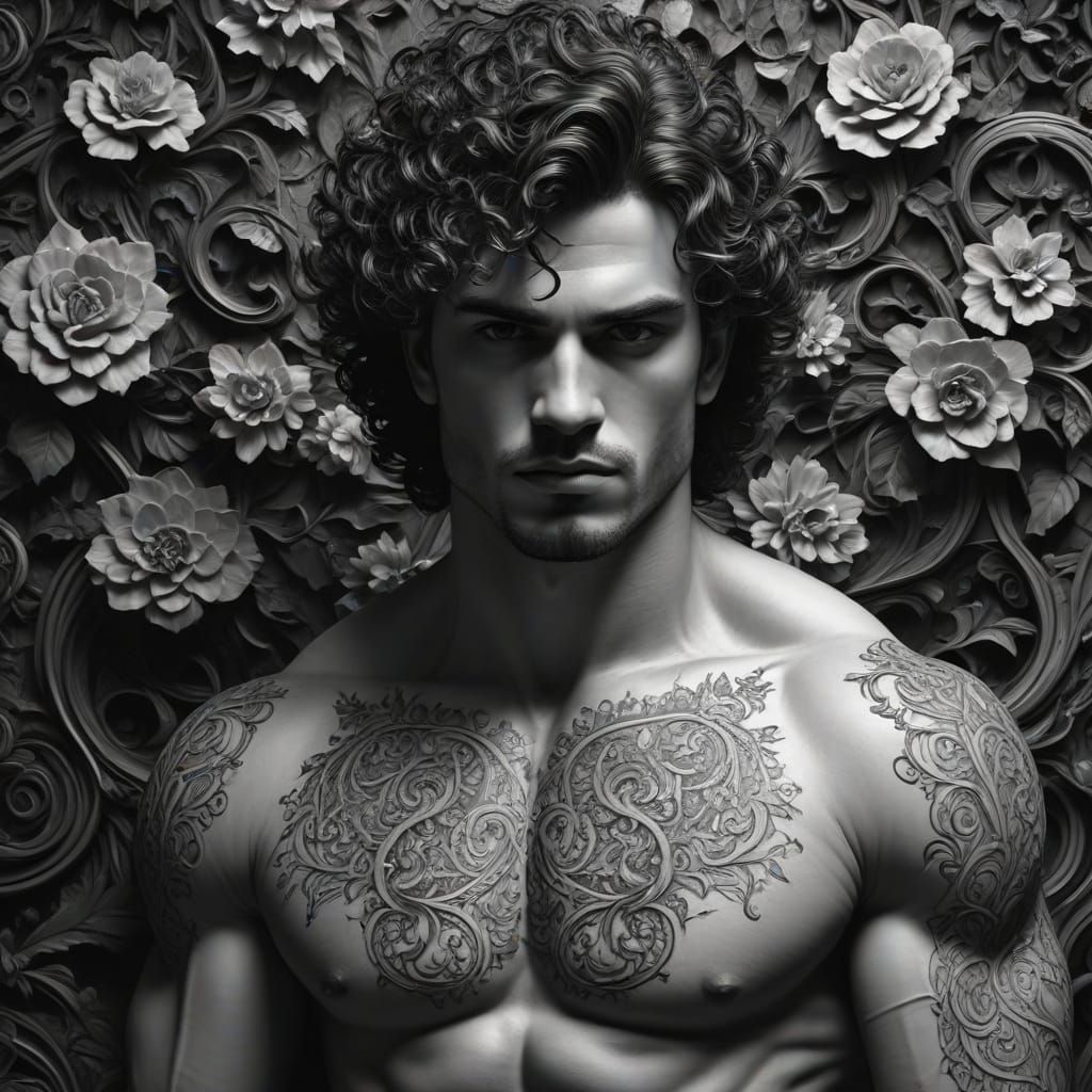 Muscular Man with Floral Background in Vintage Style