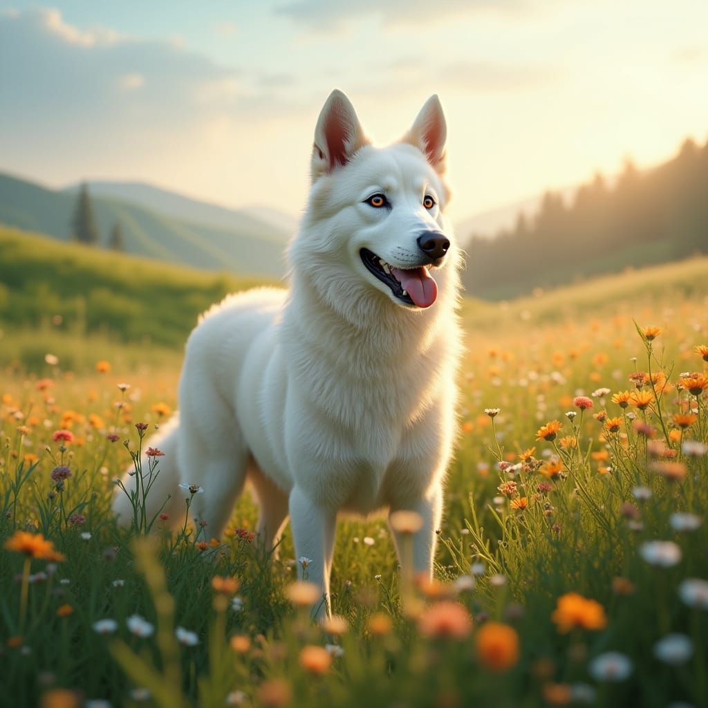Ethereal Siberian Husky in Golden Sunset Wildflower Field