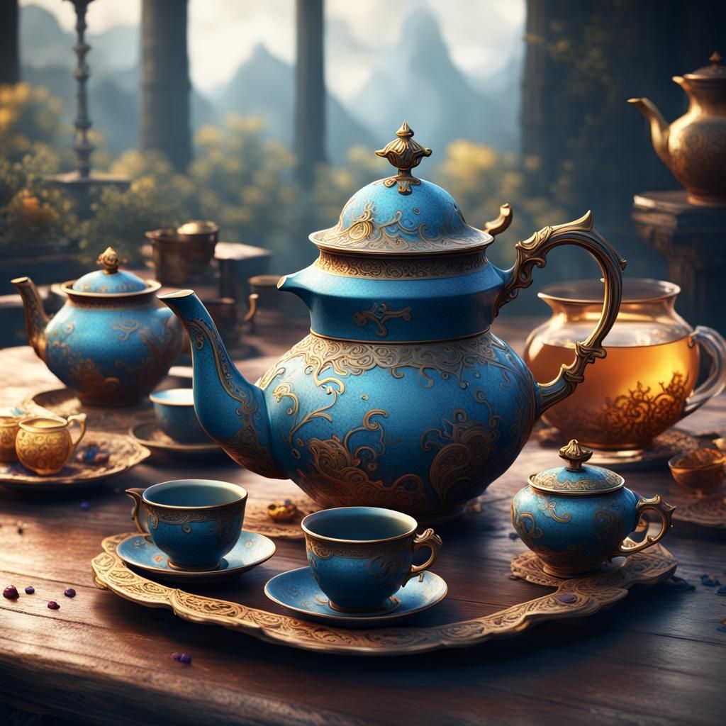 Fantastical Imperfect Tea Set in Detailed Matte Painting