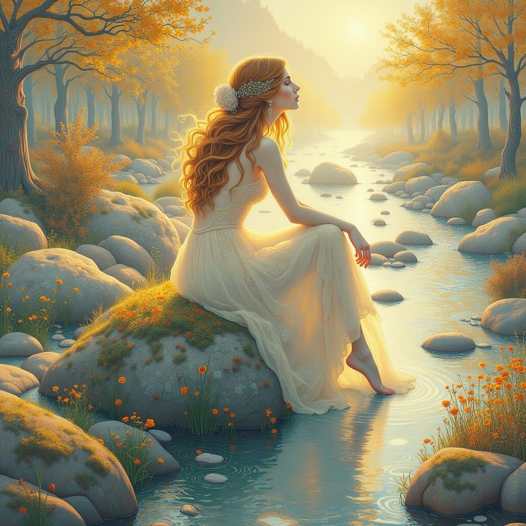 Ethereal Woman on Mossy Rock in Pastel Landscape