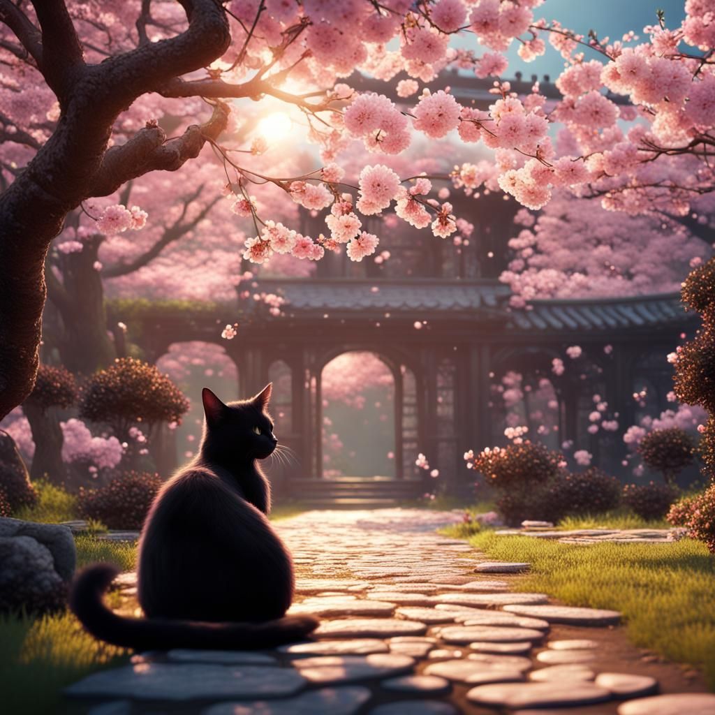 Black Cat in Cherry Blossom Garden: Digital Painting