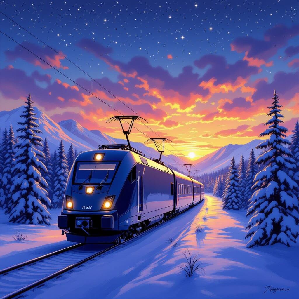 Electric Train in Norway at Sunrise Oil Painting