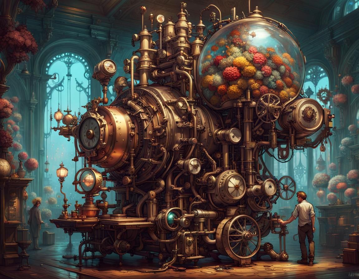 Steampunk Mechanical Flower Machine in a Wonderland