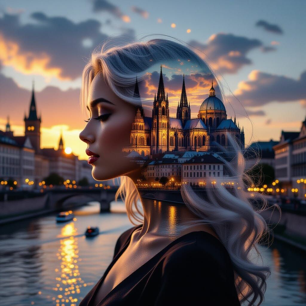 Double Exposure: Woman and City at Sunset