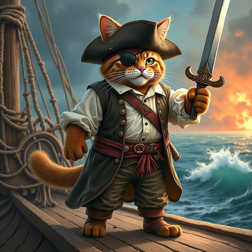 Tabby Cat Pirate Captain on Ship Deck