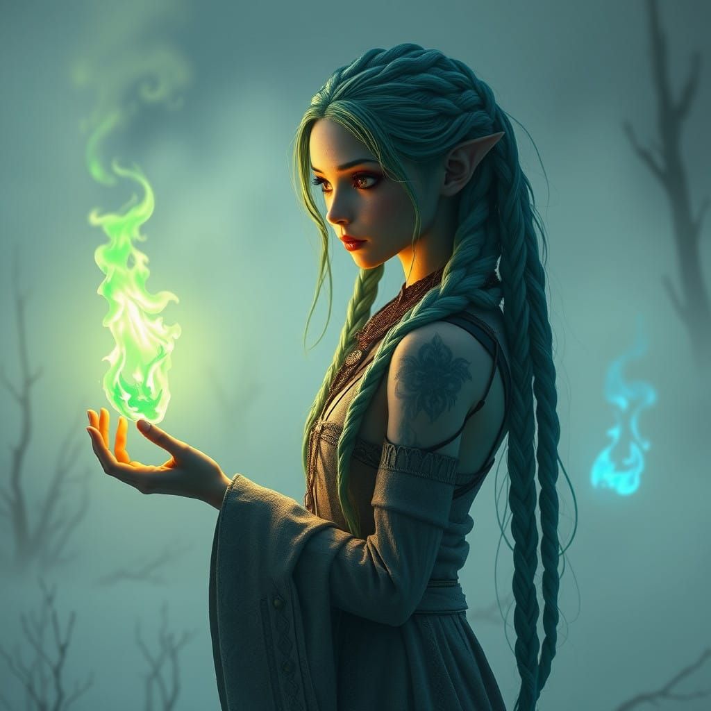 Ethereal Elf Woman in Desolate Winter Landscape with Glowing...