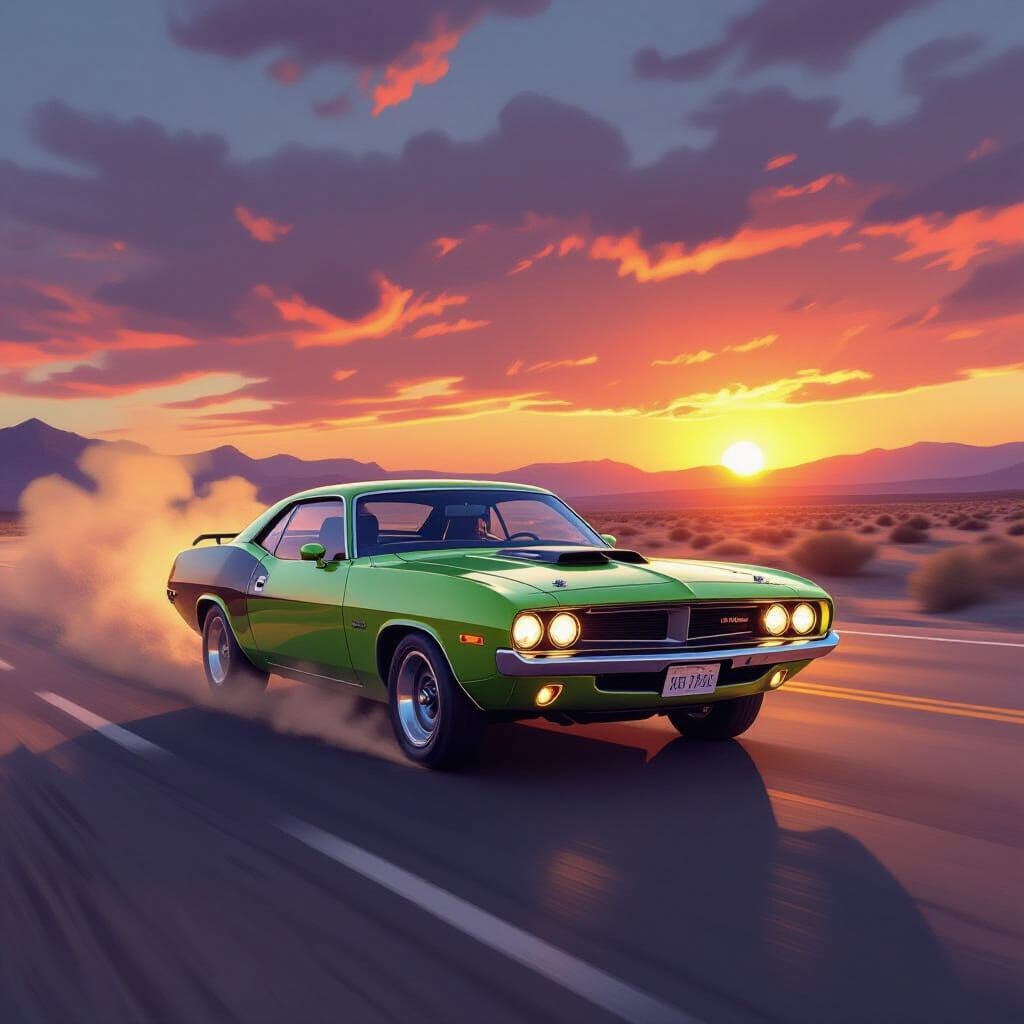 1970 Lime Green Barracuda Speeds Down Desert Highway