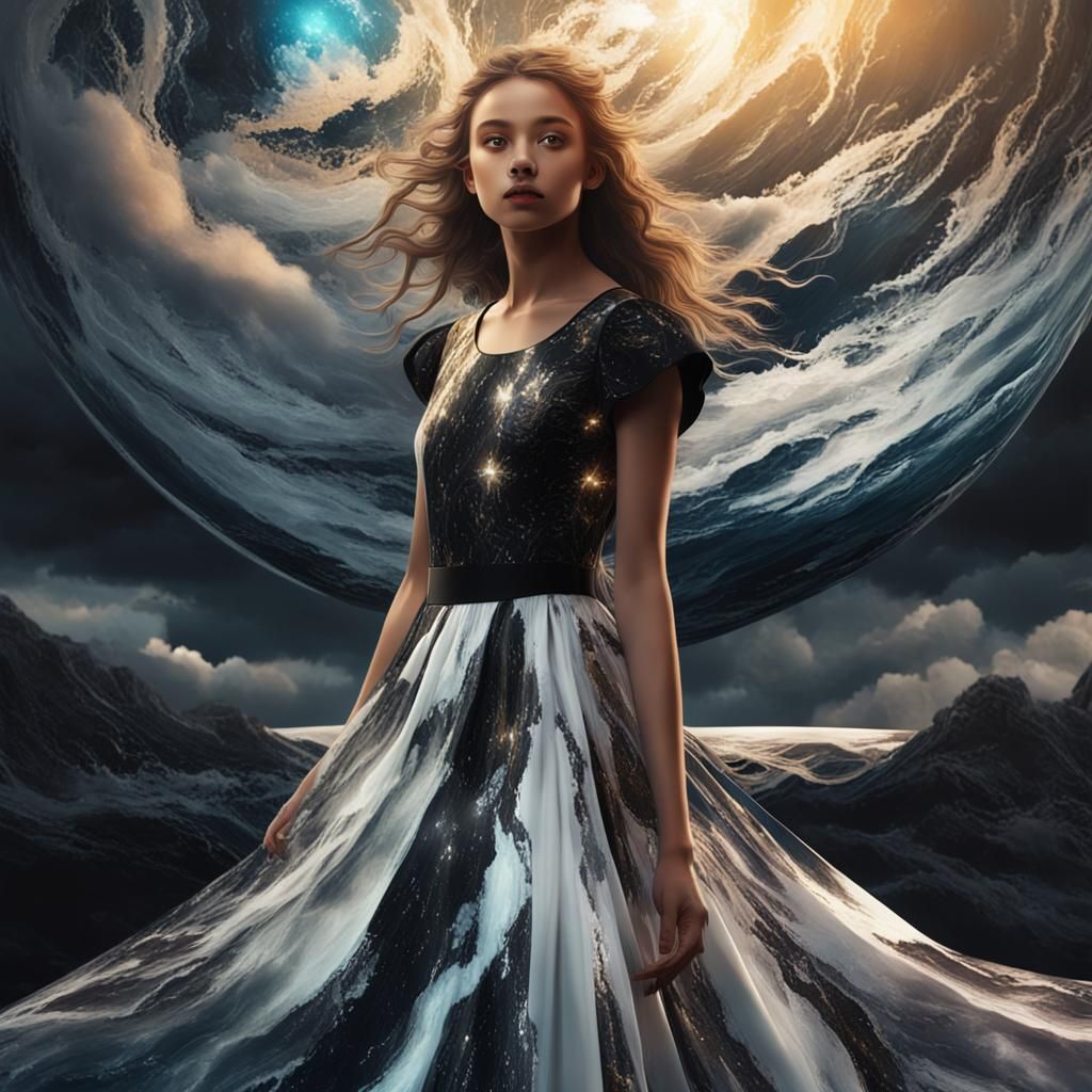 Mystical Orb: Girl in Split Dress, Hyperrealistic Art