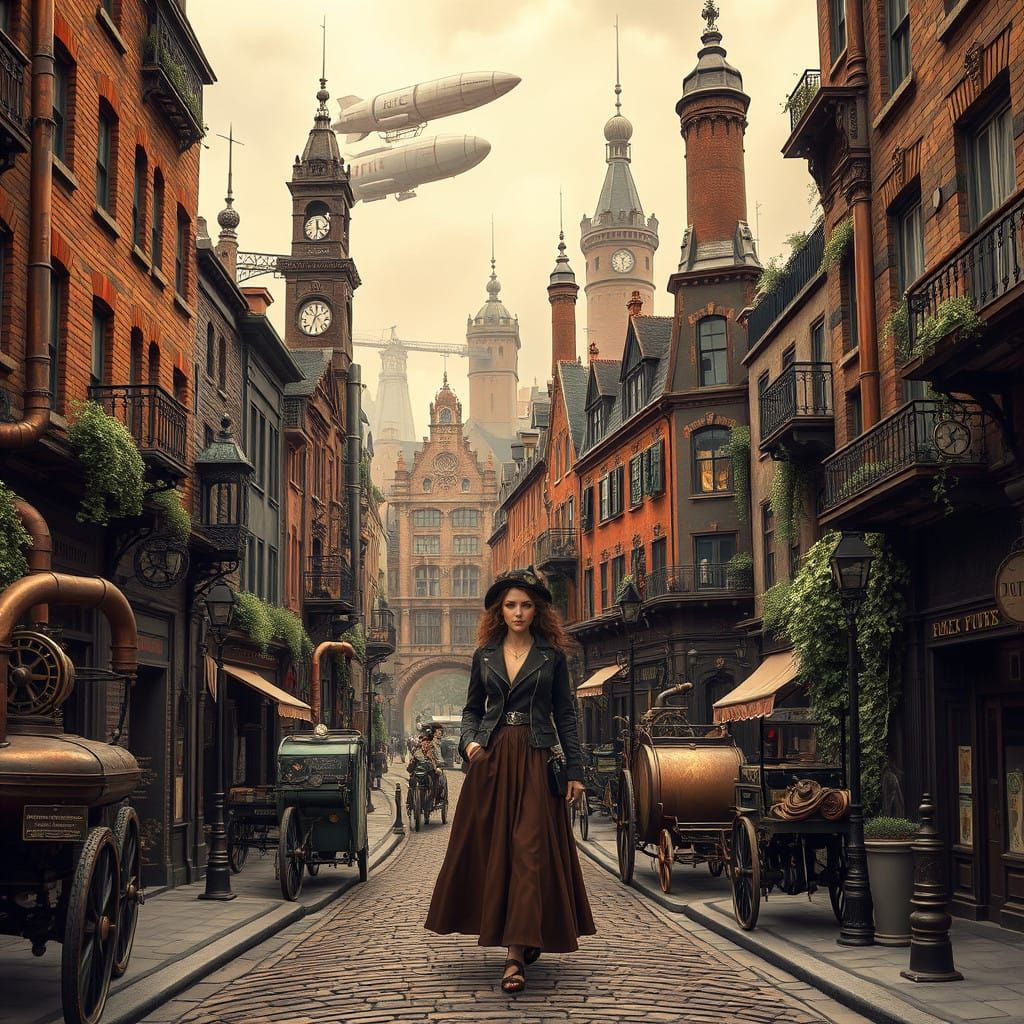 A lively steampunk cityscape infused with Victorian charm, designed entirely in earthy tones