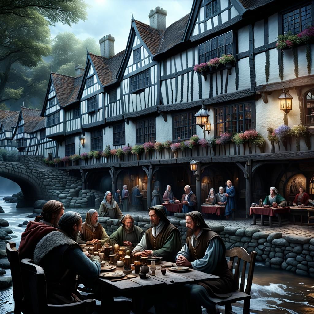 Lively Medieval Tudor Inn Scene by Stream