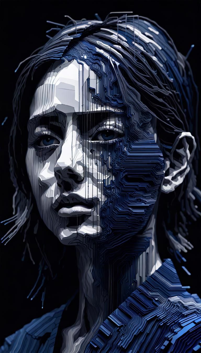 A Datamoshing layered paper style dark blue glitch art digital black & white epic graphics, numbers, words, film, micron...