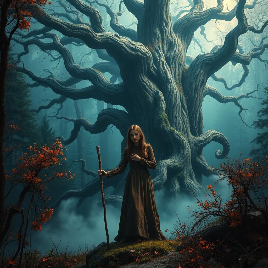 Young Witch in Mystical Forest, Fantasy Matte Painting