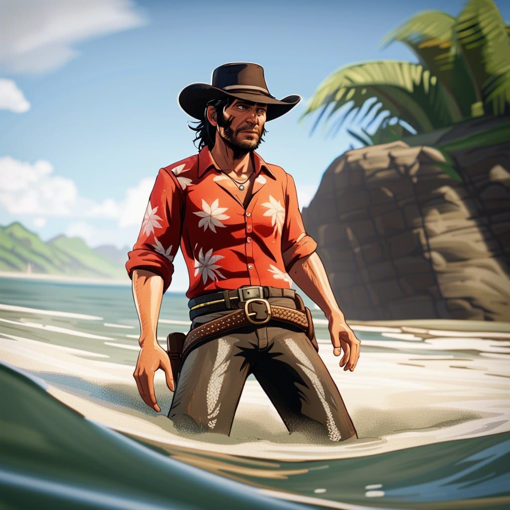 Man Kneeling in Waves on Tropical Shore