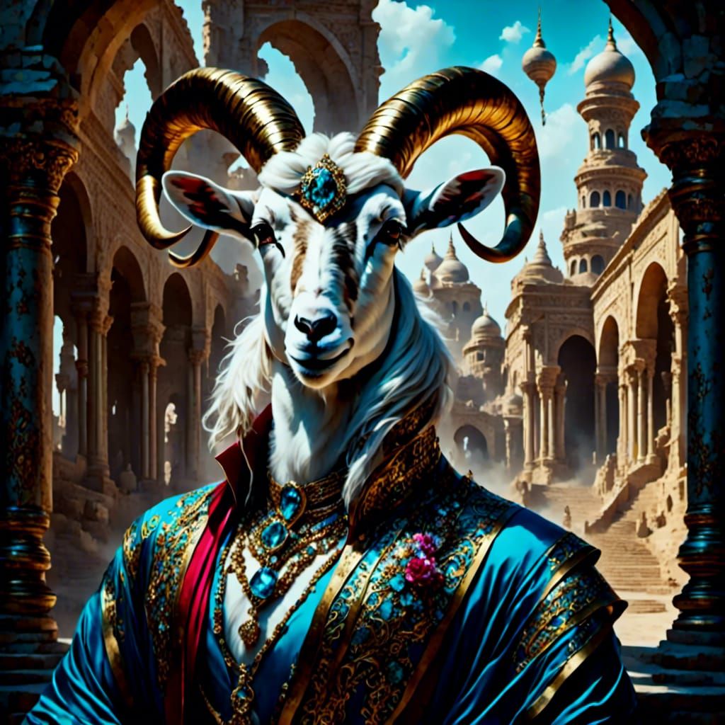 Anthropomorphic Goat Portrait in Opulent Courtyard