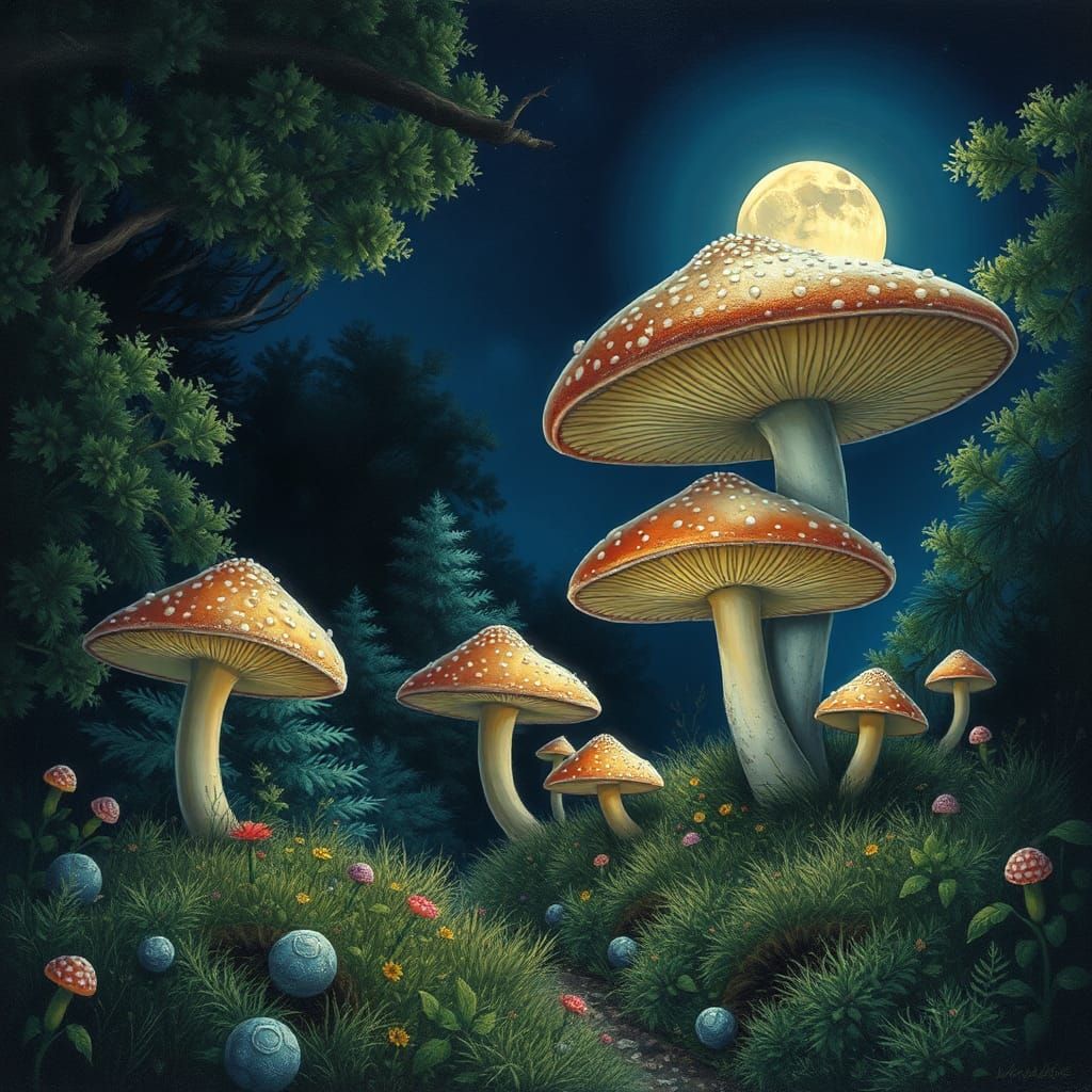 Moonlit Glenn with Giant Mushrooms in Airbrush Style