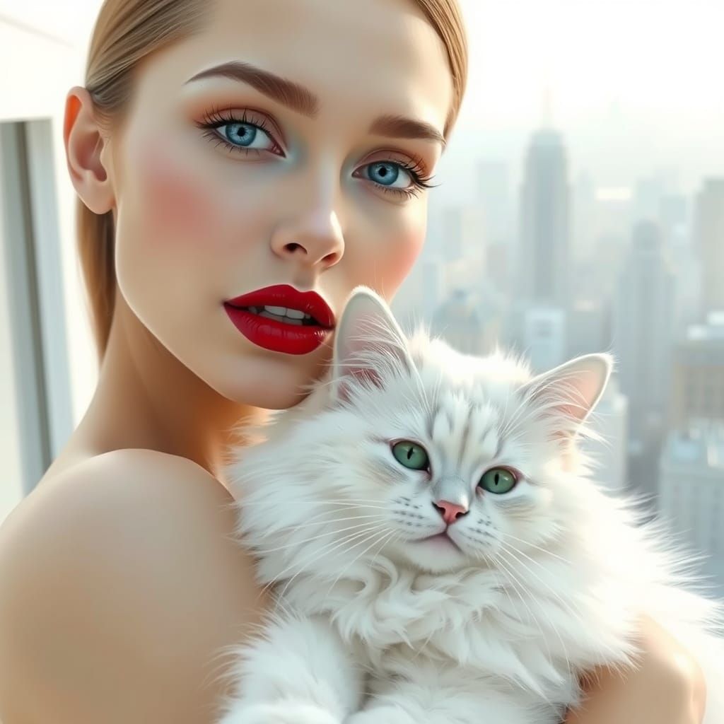 Woman and Cat in Dreamy White Palette, Inspired by Loish