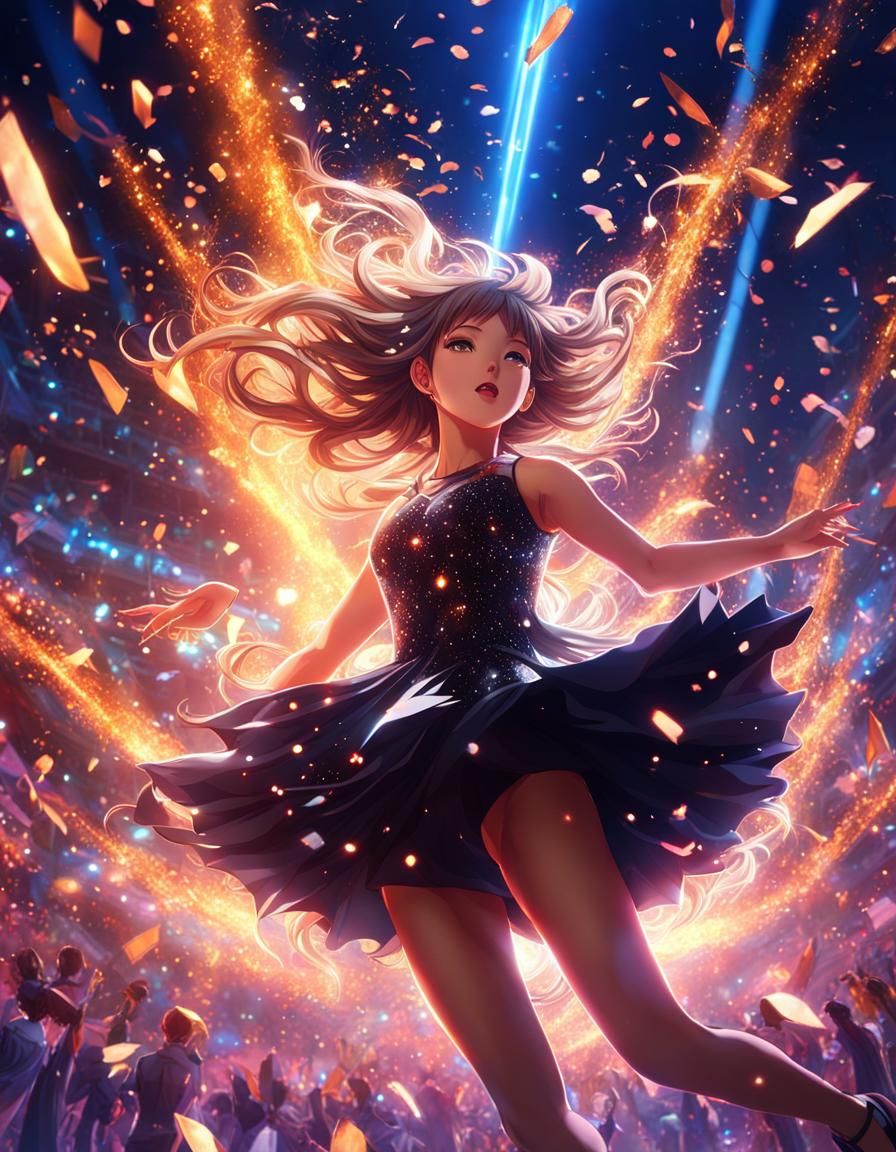 Anime Dancer in Burning Dress with Confetti
