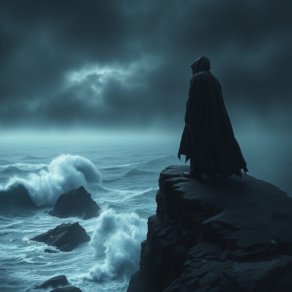 Gothic Figure Overlooking Stormy Sea