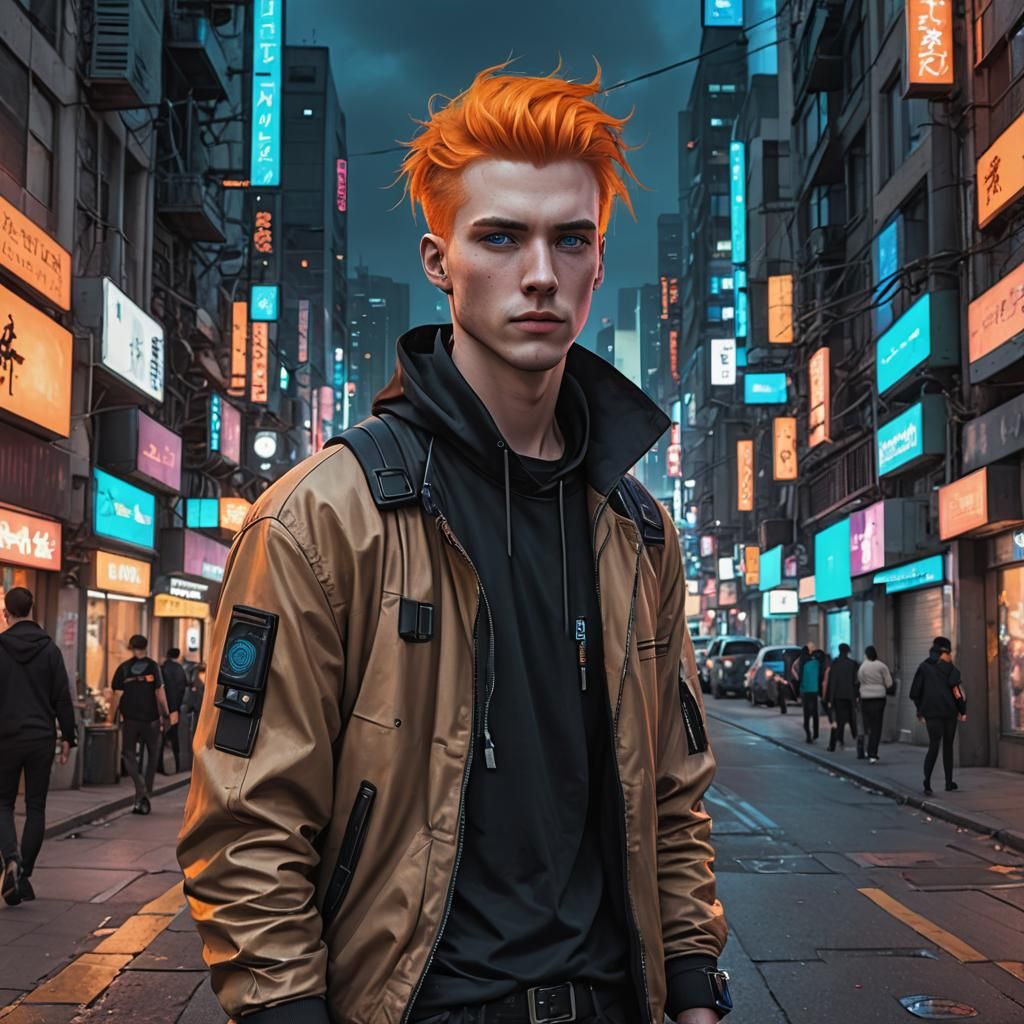 Handsome Man with Orange Hair in Cyberpunk Street