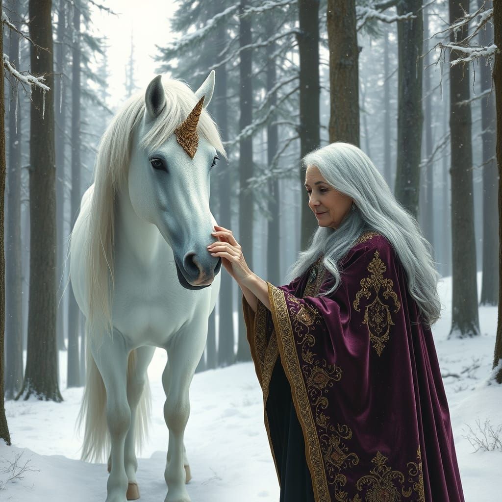 Unicorn Encounter in Enchanted Forest, Mystical Illustration