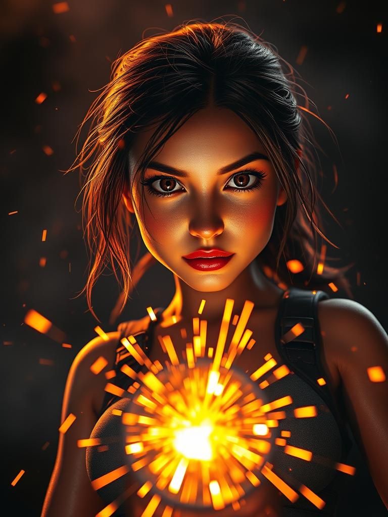 Fiery Lara Croft Explosion in 3D Rendering