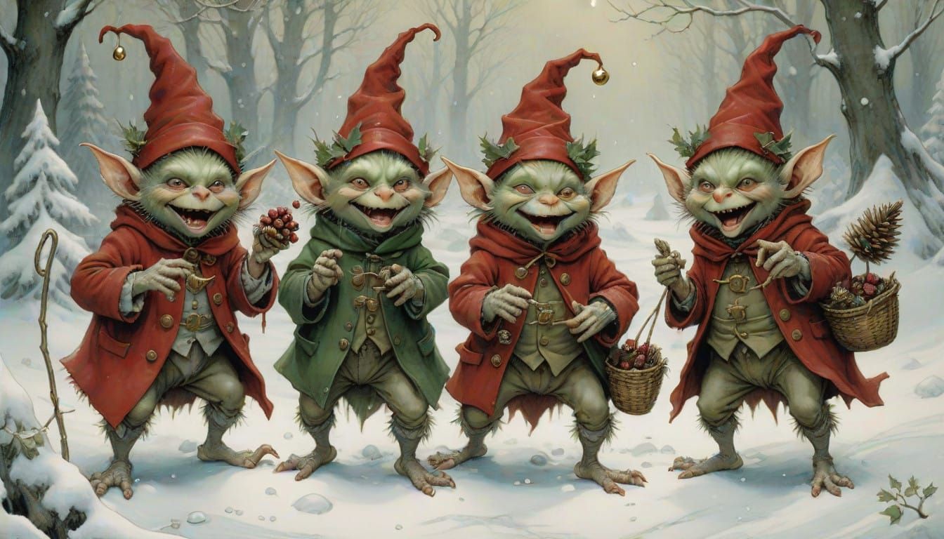Mischievous Christmas Goblins in Whimsical Winter Wonderland