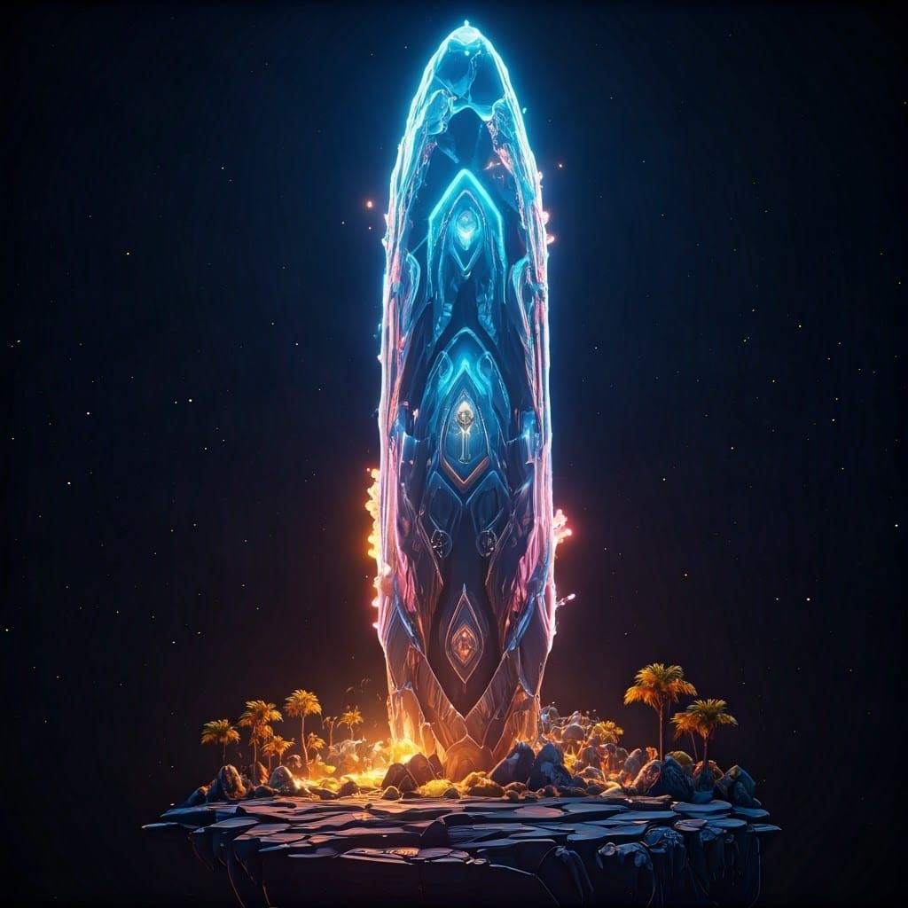 Ethereal Gemstone Tree Radiates in Neon Blues and Pinks Amid...